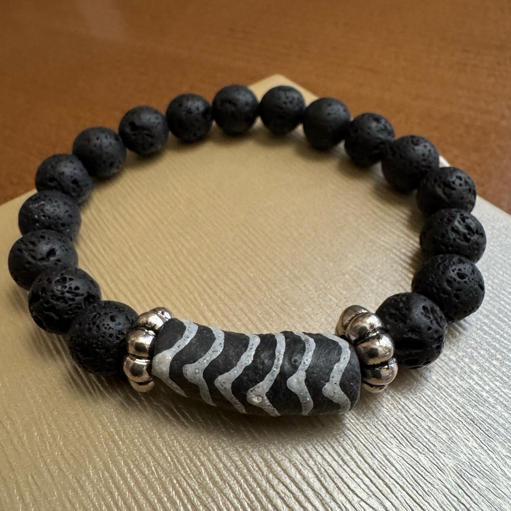 Lava Rock Bead Bracelet Featuring a Powder Glass Bead from Ghana